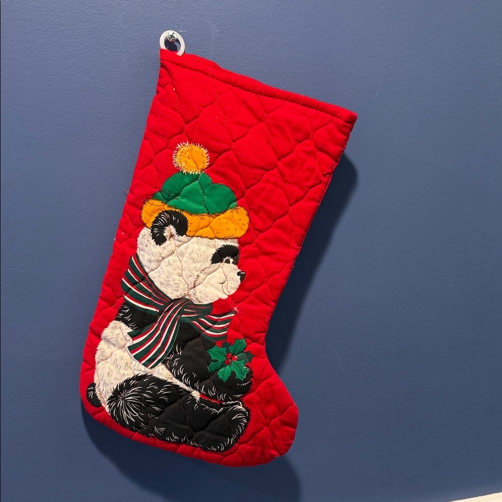 Red Quilted Christmas Stocking with Panda Design